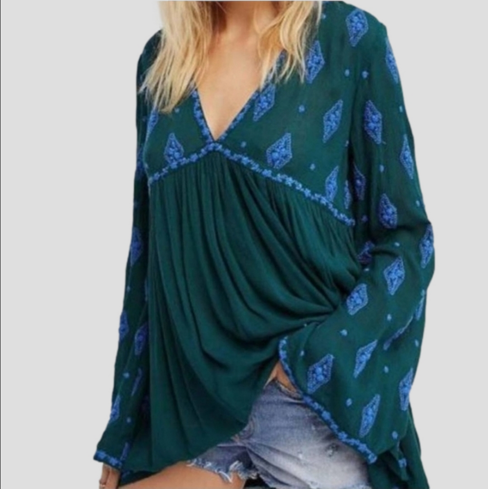 Free People | Teal with Blue Embroidery Bohemian Tunic - Size: XS